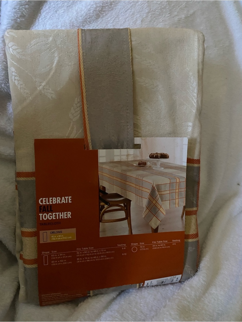 Kohl's Beige Tablecloth with Orange and Gray Plaid Trim